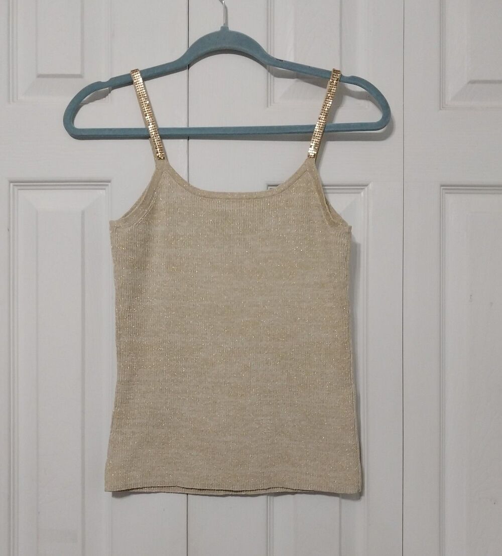 Michelle Antonelli Gold Shimmer Ribbed Camisole Tank Top Silk Nylon Blend Small